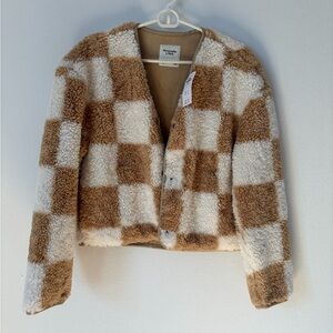 Abercrombie & Fitch Tan and Cream Faux Fur Sherpa Checkered Jacket